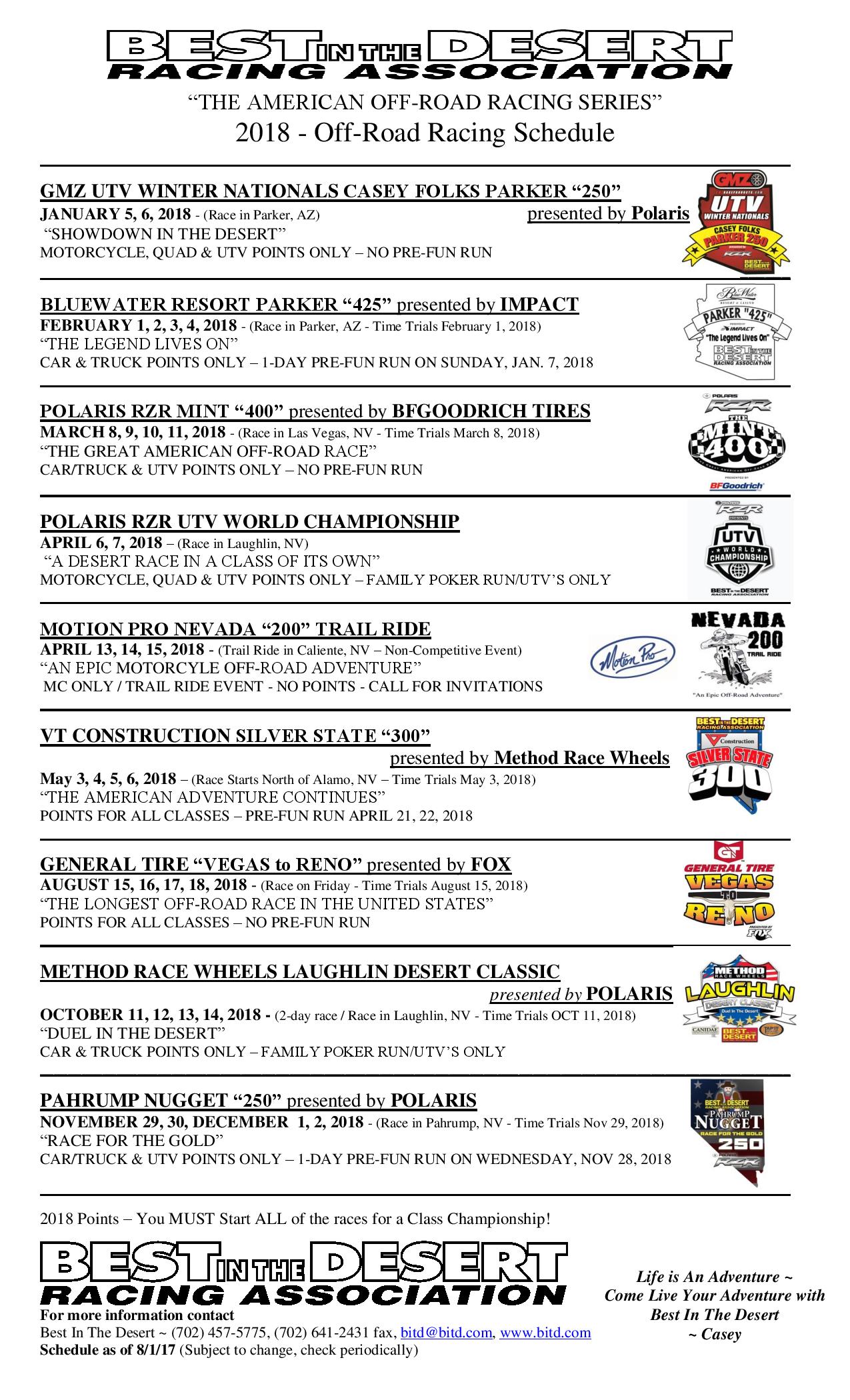 Best in the Desert Racing Association 2018 Schedule